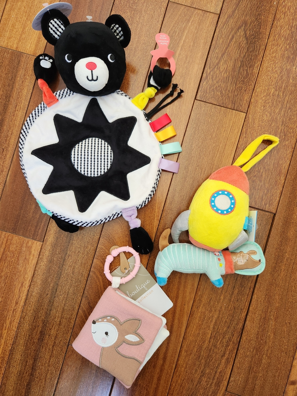 Set of 3: Wimmer Bear Lovey, Cosmo Space Dog Pull Toy + Boutique Baby Book